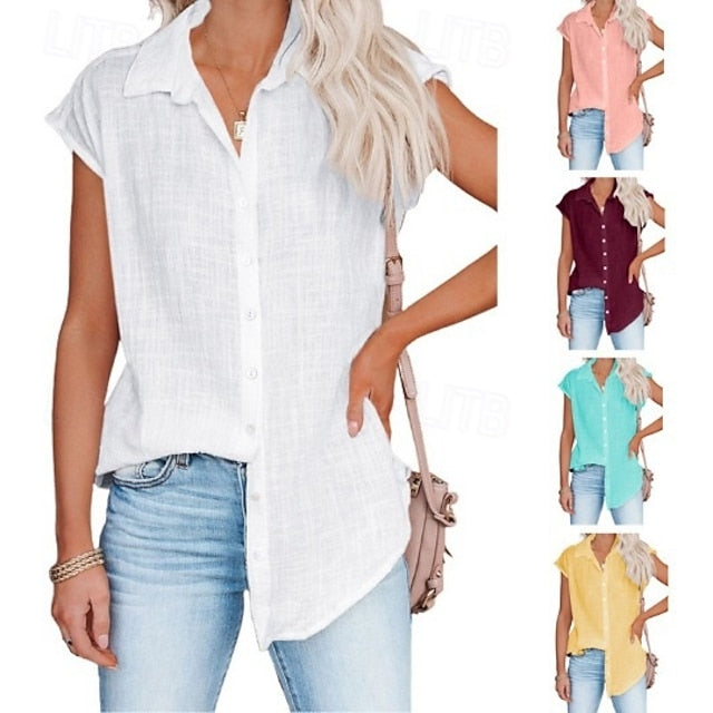 Women's Shirt Button Down Blouse Solid Color Plain Basic