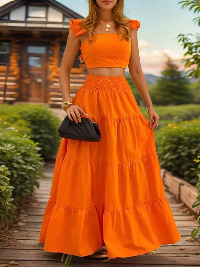 Women's Skirt Sets Sleeveless Square Neck Plain Ruched
