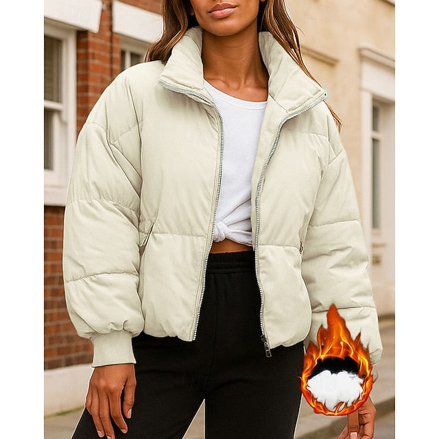 Women's Zip Up Jacket Winter Crop Coat Fleece Jacket with