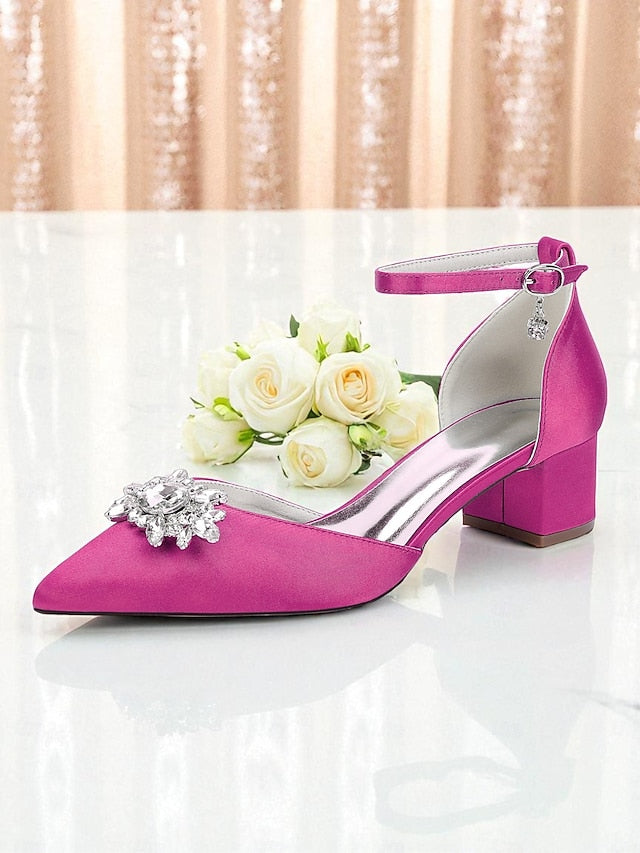 Heel Block Women's Shoes Burgundy with Satin Wedding