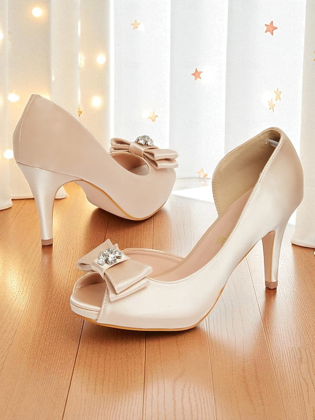 Satin Peep Toe with Heels Women's and Champagne Bow