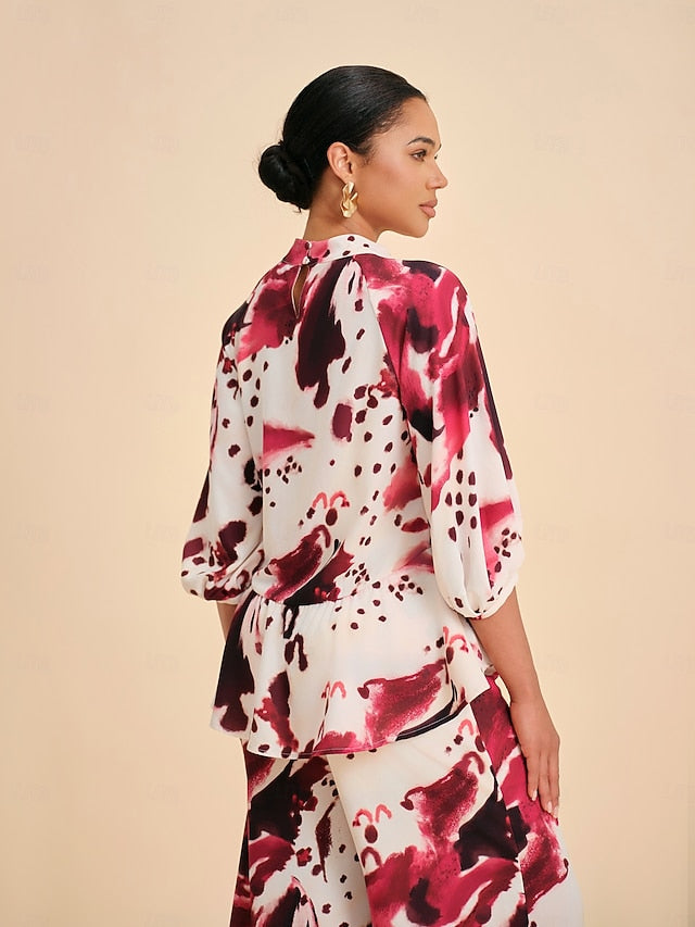 Women's Blouse Wine Abstract Print Standing Collar Casual