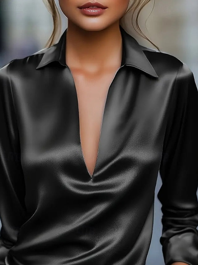 Women's Elegant Dressy Satin Top Work Shirt Patchwork Plain