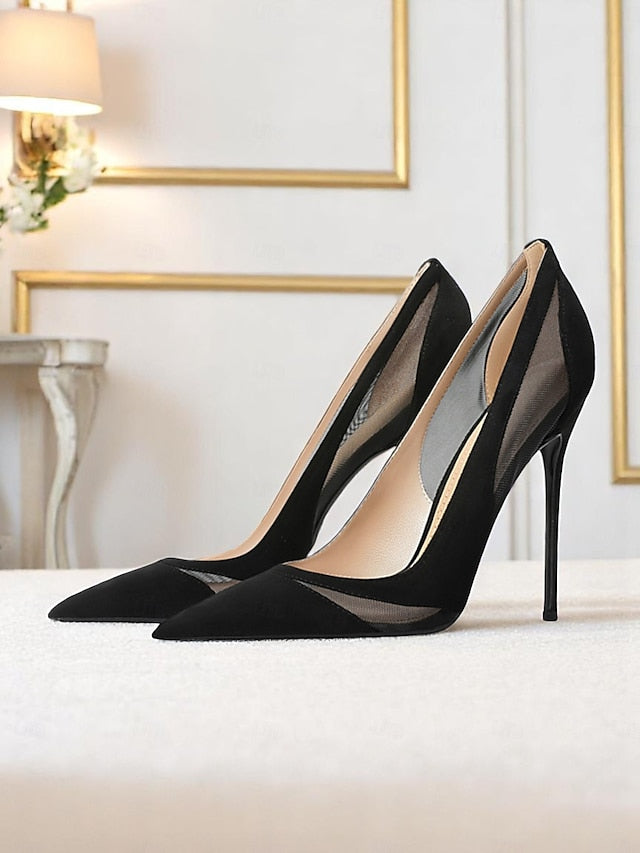 Mesh Toe Women's Pumps Suede Pointed Nude with Detailing