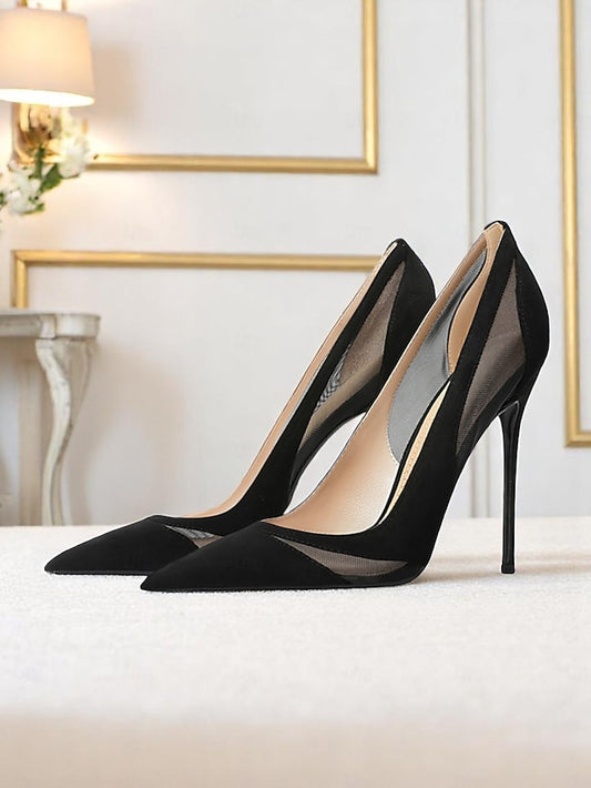 Mesh Toe Women's Pumps Suede Pointed Nude with Detailing