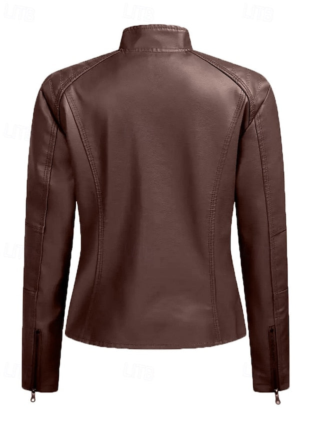 Jacket Comfortable Leather Pocket Women's Zipper Faux