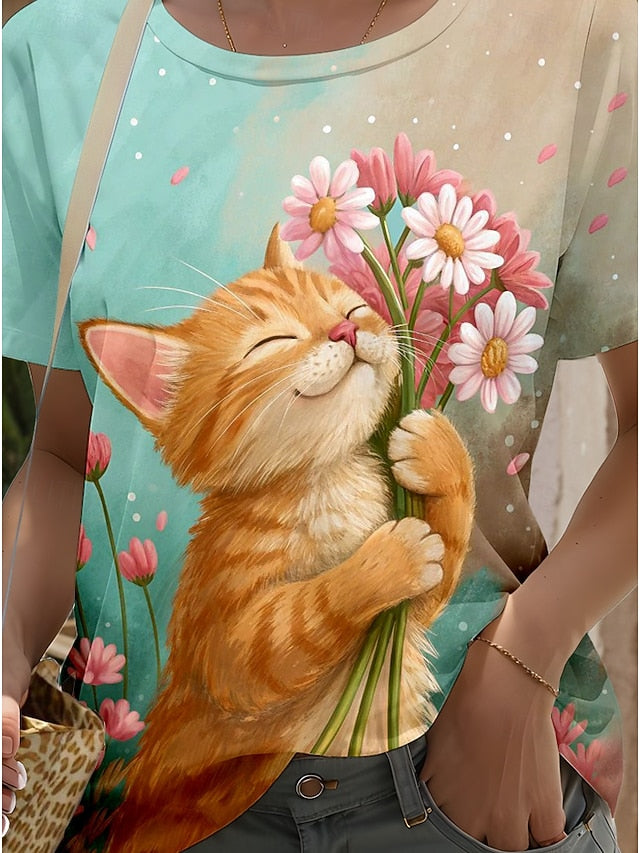 Women's T Shirt Print Graphic Animal Cat Stylish Classic