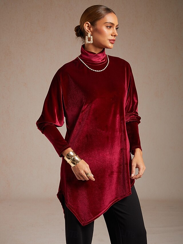 Christmas Women's Velvet Dressy Tops Asymmetric Elegant
