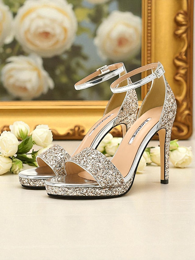 High Sandals Ankle Heel Strap with Women's Silver Glitter