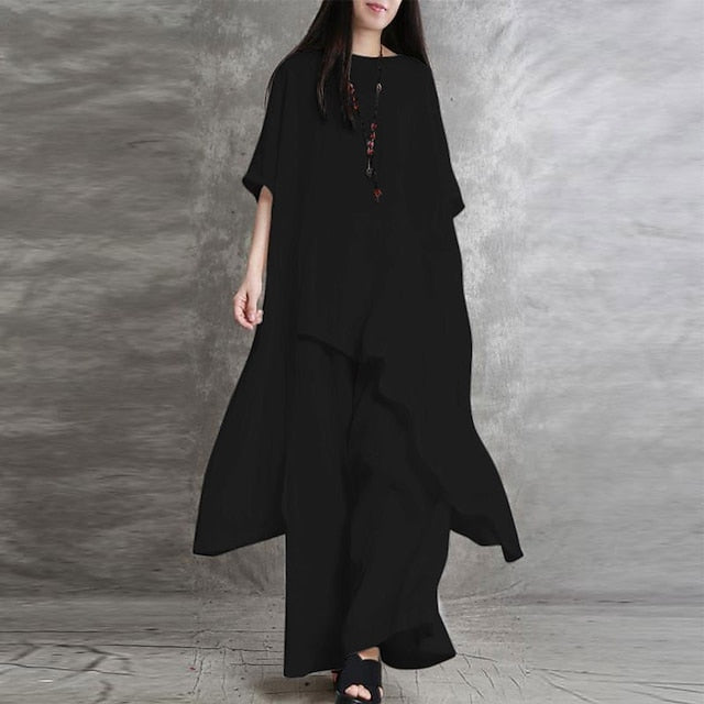 Women's Shirt Pants Sets Long Cotton Top Wide Leg Pants
