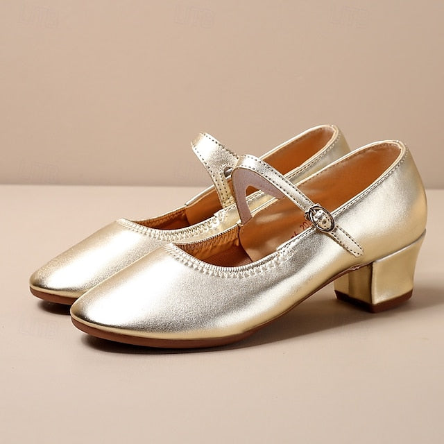 Women's Mary Jane Gold Dance with Buckle Shoes Low Heel
