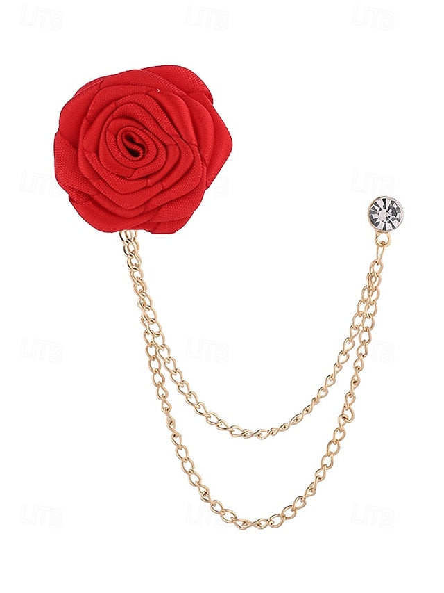 Men's Lapel Pin Rose with Chain Gold Elegant – Red