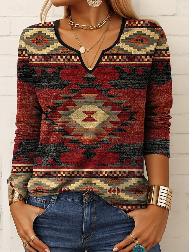 Women's T shirt Long Sleeve Graphic Geometric Vintage