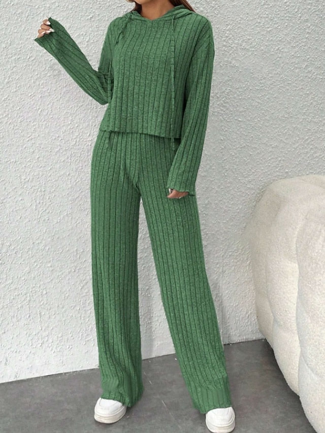 Women's Pants Sets Bolero Top Long Sleeve Hooded Solid