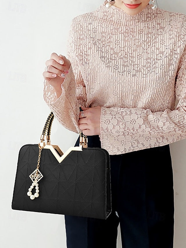 Women's Faux Leather Handbag with Pearl Pendant – Elegant