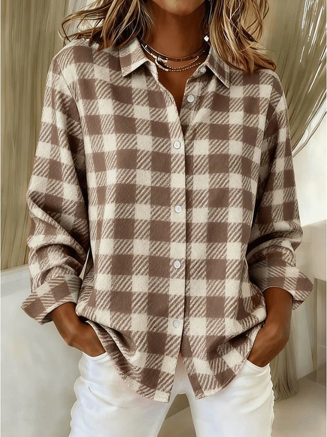 Women's Shirt Blouse Patchwork Buttons Print Plaid Casual