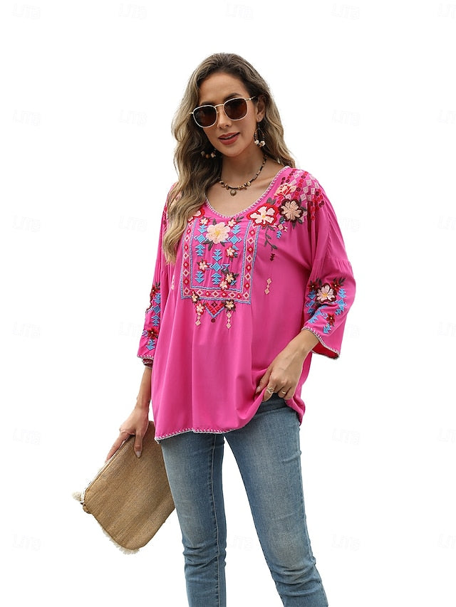 Women's Boho Shirt Embroidered Solid Color Floral Bohemia