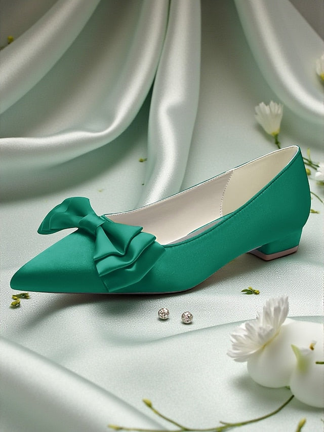 Women's Pointed Satin Bow Green - Flats Toe Elegant