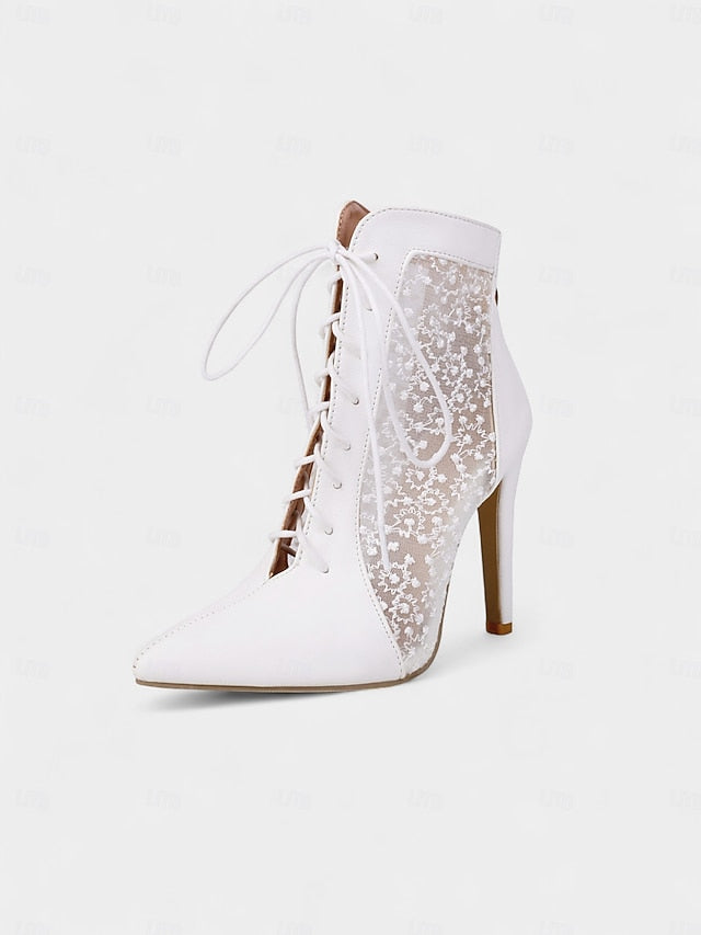 Heels Women's Stiletto Booties Mesh with White Lace Ankle