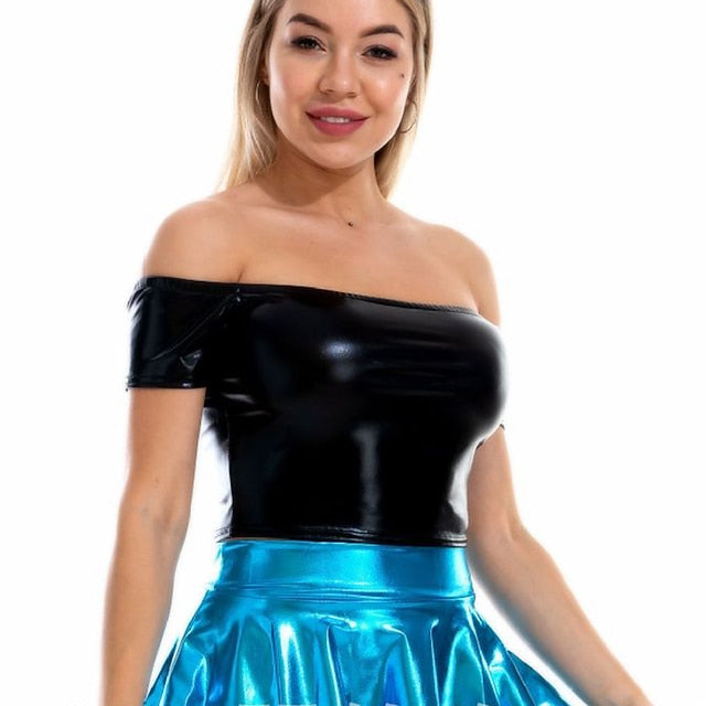 Metallic 1980s Shiny Latex Patent Crop Top PU Leather Off