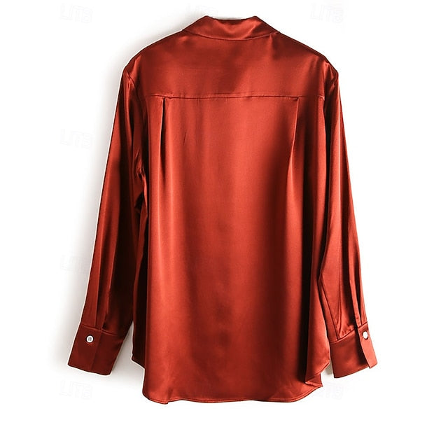 Women's Shirt Elegant Satin Top Silk Shirt Buttons Plain