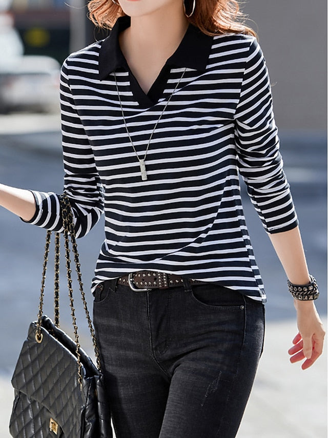 Women's Polo T Shirt Print Striped Fashion Long Sleeve