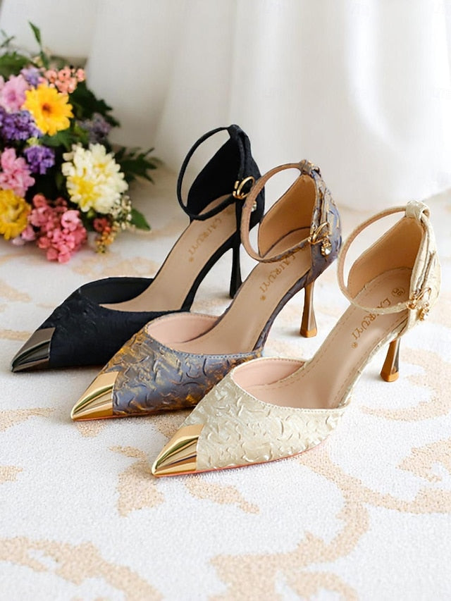 with Beige Women's Pointed Toe Gold Heels Satin and Accents