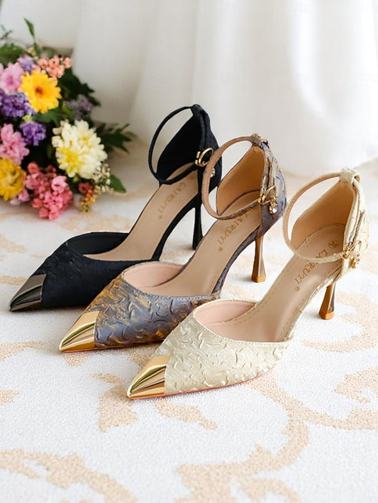 with Beige Women's Pointed Toe Gold Heels Satin and Accents