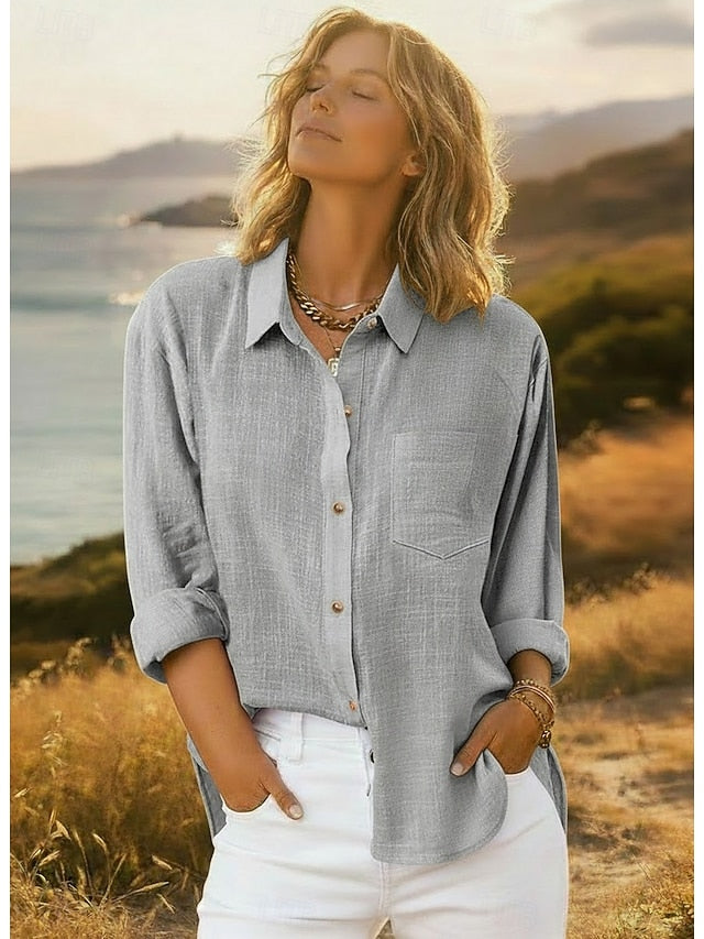 Women's Shirt Button Up Blouse Long Cotton Top Pocket