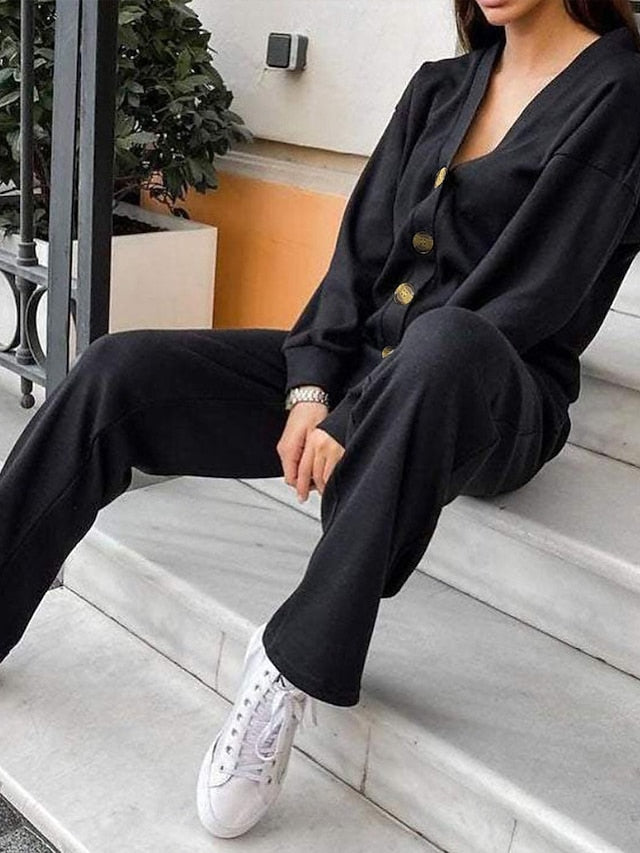 Women's Blouse Pants Sets Long Sleeve V Neck Solid Color
