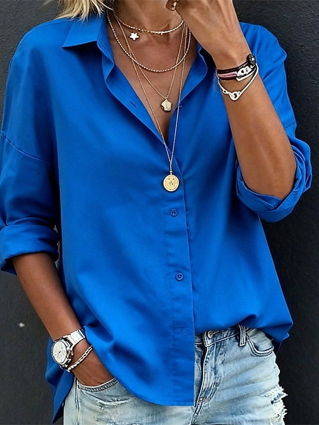 Women's Blouse Dressy Tops Ruched Patchwork Buttons Solid