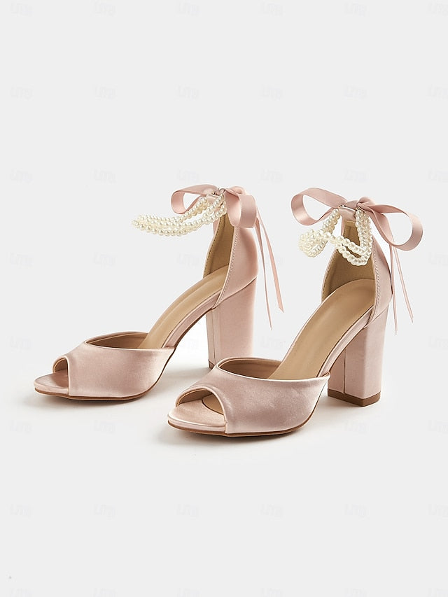 Block Ankle Peep-Toe Satin Pearl Heel Sandals Women's with