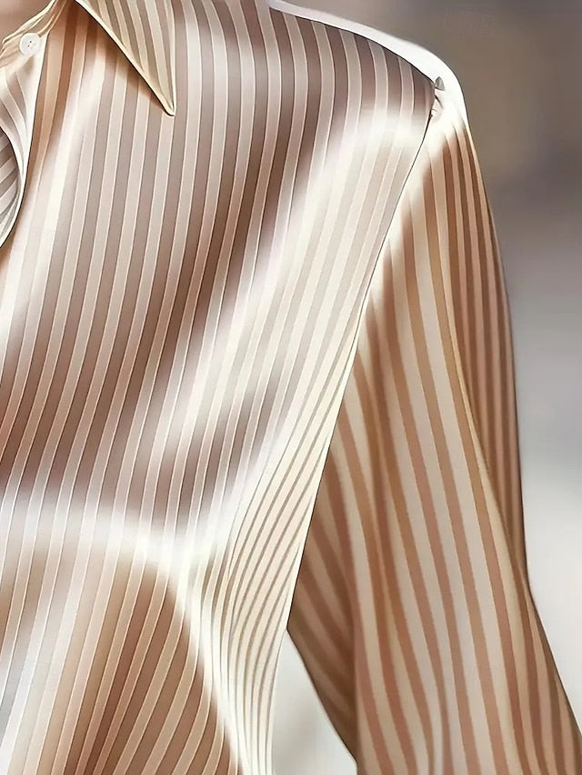 Women's Shirt Elegant Dressy Satin Top Buttons Striped