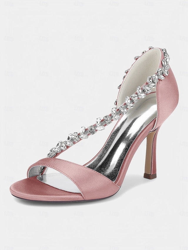 – Satin Champagne Crystal High Women's Heels T-Strap with