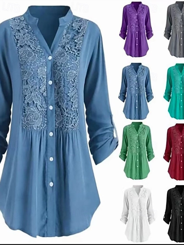 Women's Shirt Blouse Ruched Lace Buttons Plain Elegant