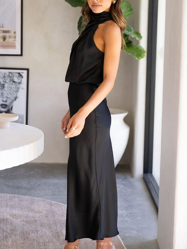 Women's Midi Dress Satin Dress Black Dress Sheath Dress