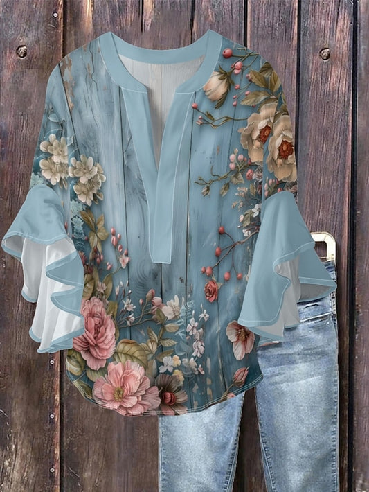 Women's Blouse Ruffle Print Floral Stylish Modern 3/4