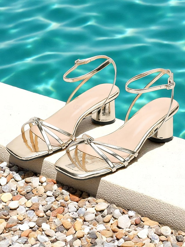 Ankle Gold Strap – Heels Metallic Shiny Block Women's