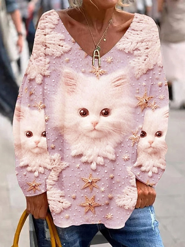 Women's T Shirt Print Graphic Animal Cat Elegant Vintage