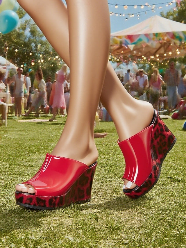 Wedge Peep Women's Leopard - Sandals Patent Red Leather Toe