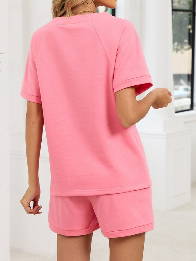 Women's Shorts Sets Short Sleeve V Neck Solid Color Fashion