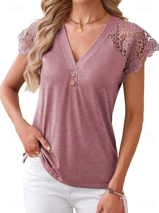 Women's Blouse Lace Tops Lace Patchwork Solid Color Elegant