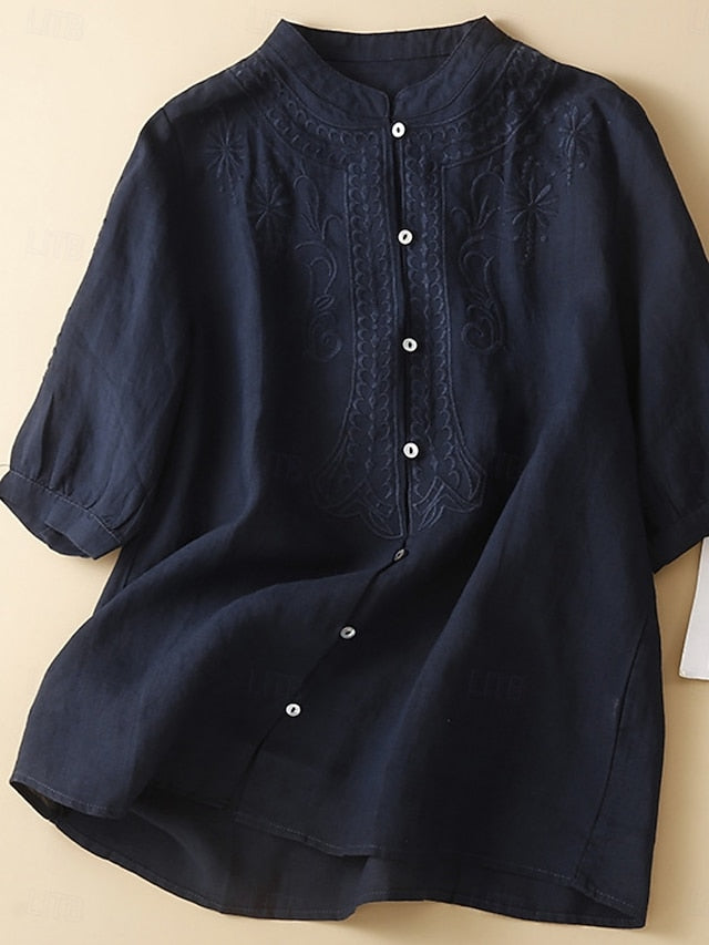 Women's Cotton Linen Blouse Embroidered Buttons Solid Color