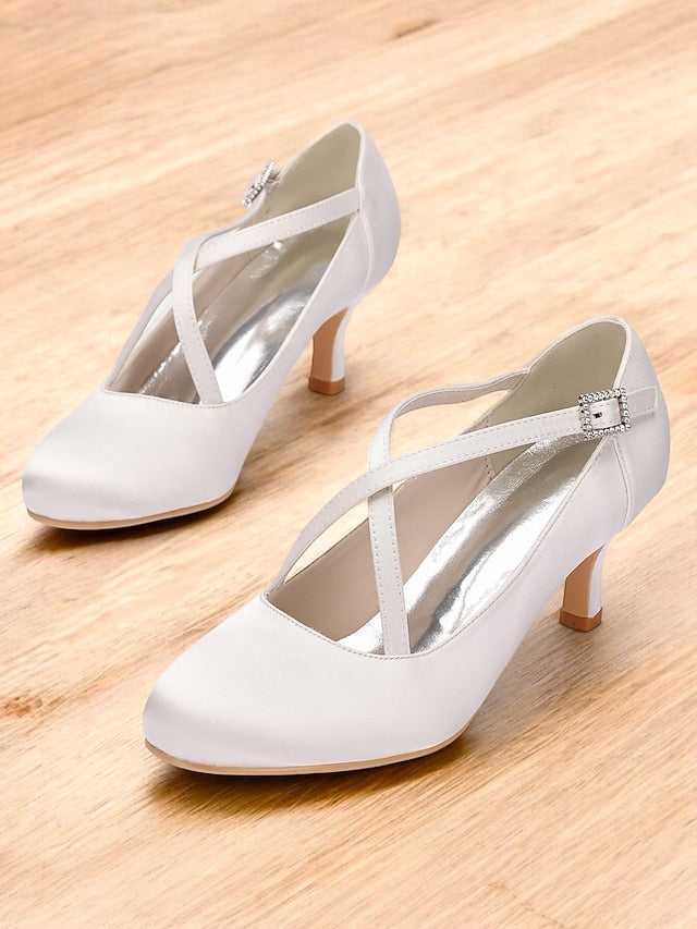 Heels Satin Cross-Strap – Rhinestone White with Elegant Buckle