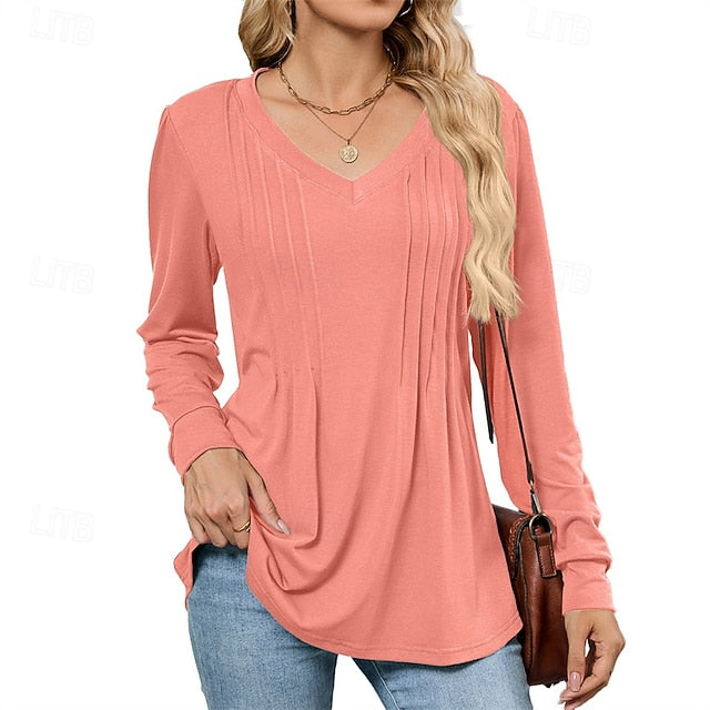 Women's T Shirt Plain Casual Long Sleeve V Neck Regular