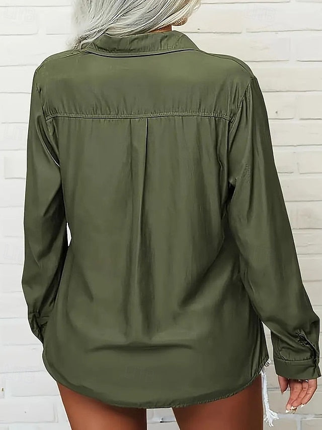 Women's Blouse Dressy Tops Ruched Pocket Buttons Solid