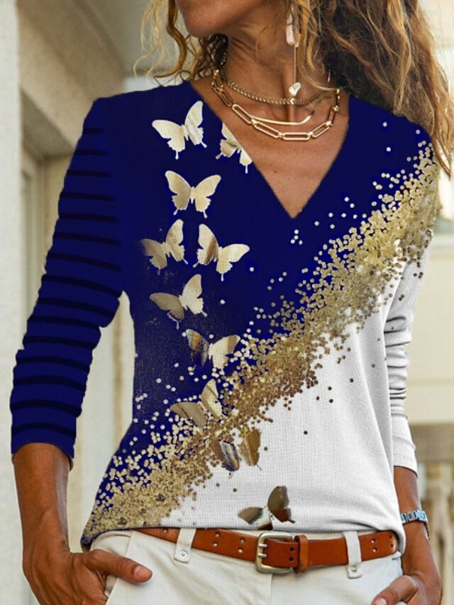 Women's Blouse Print Butterfly Stylish Modern Long Sleeve V
