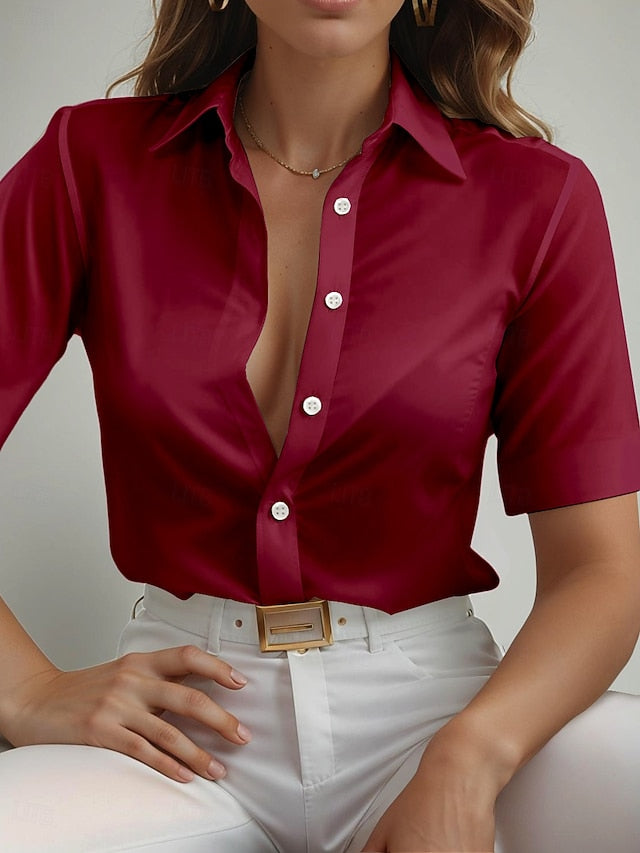 Women's Shirt Short Sleeve Button Down Blouse Solid Color