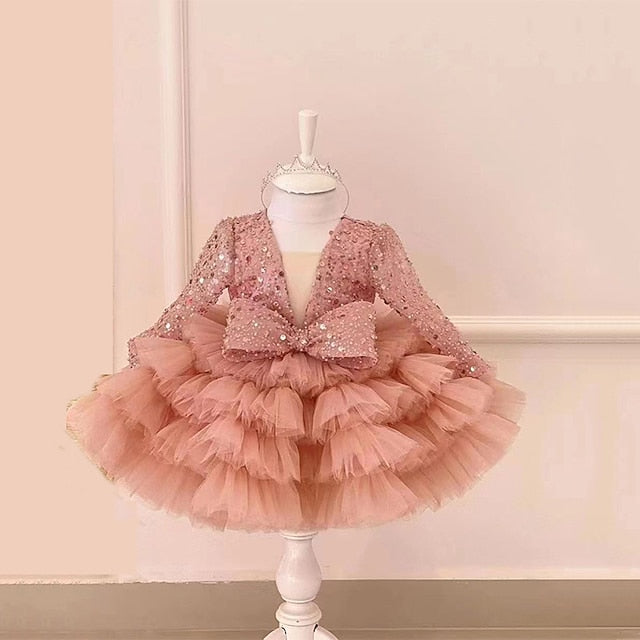 Performance Dress Girls' Party Kids Long Sequin Sleeve