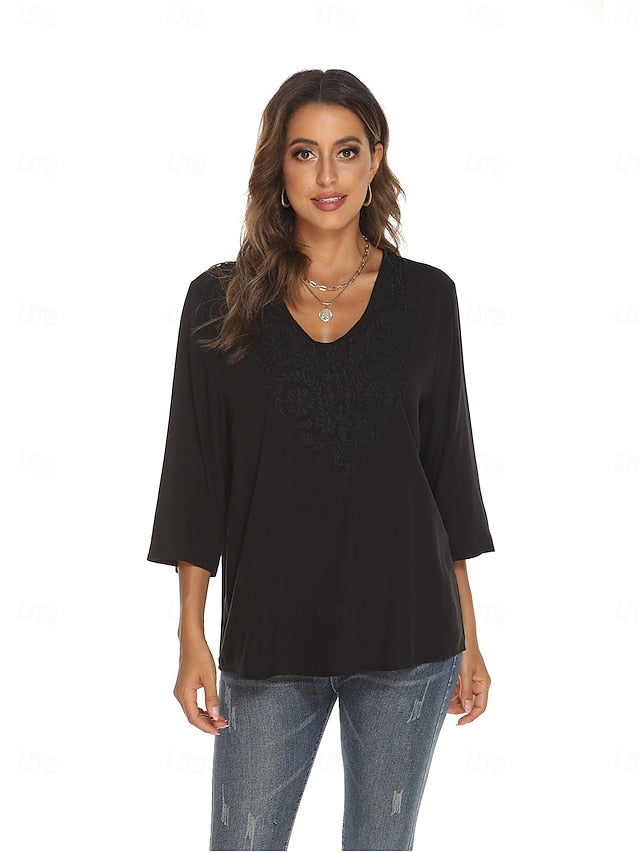Women's Boho Shirt Embroidered Floral Bohemia Casual 3/4